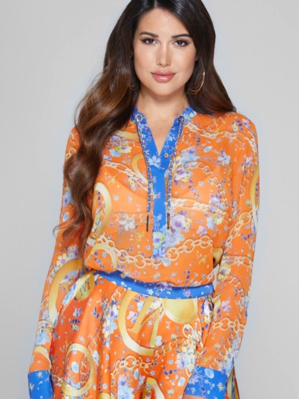 Marciano Dandy Chain Link Floral Blouse w/ Blue Trim & Orange base semi sheer XS